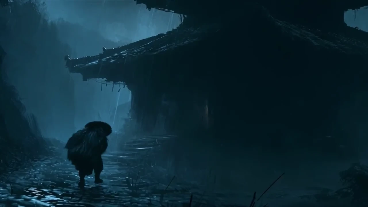 戴斗笠的旅人沿湿滑石路走向雨夜中的古庙，冷蓝色雨雾笼罩屋檐与山壁