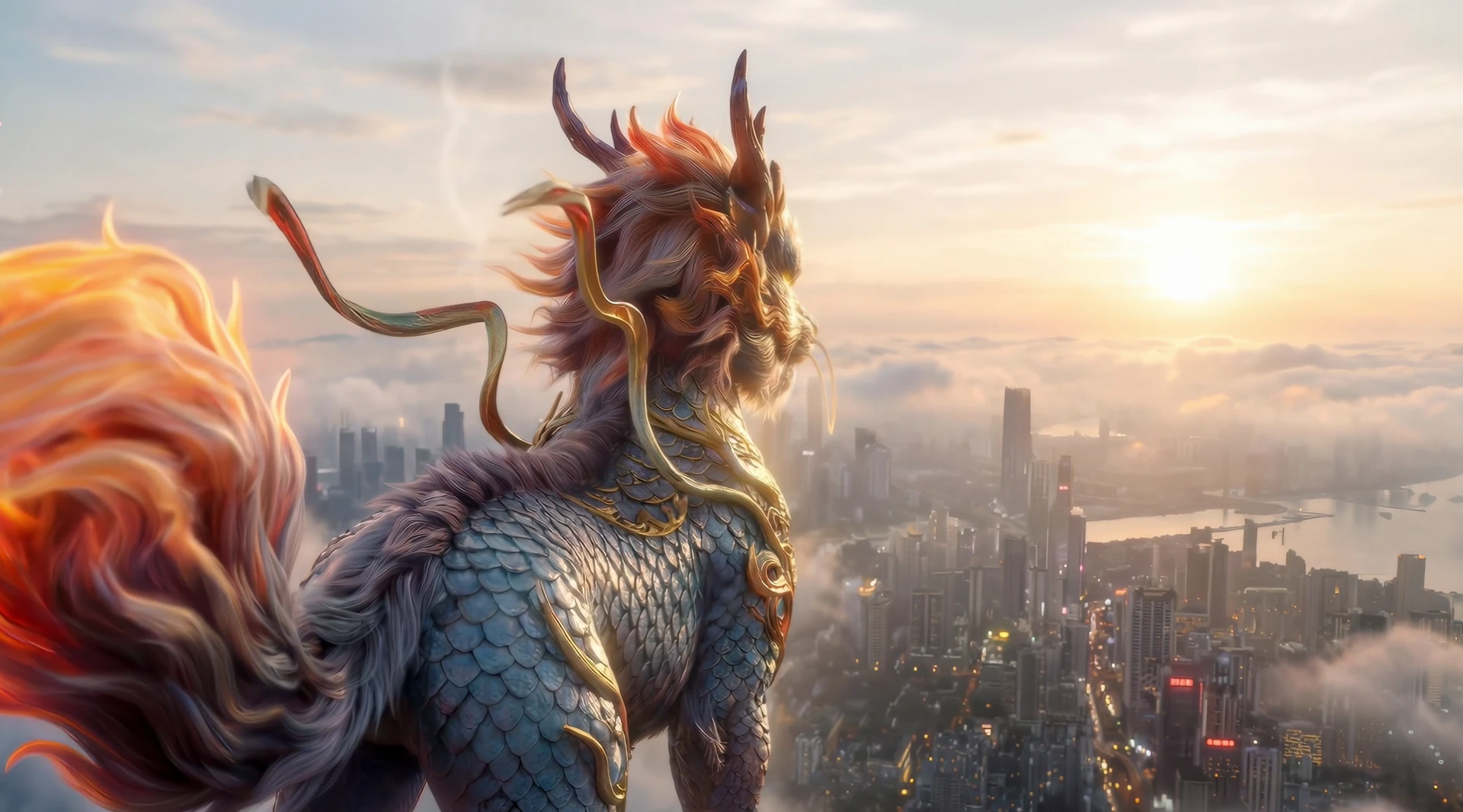 金色夕光下，麒麟立于城市天际线之上